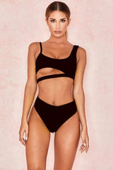 Solid color bikini cutout sexy split swimsuit triangle-Black-4