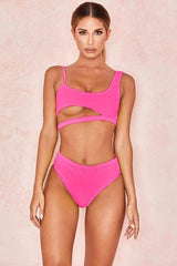 Solid color bikini cutout sexy split swimsuit triangle-RoseRed-5