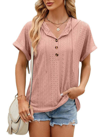 New Solid Color Hooded Button T-shirt Loose Hollow Design Short-sleeved Top For Womens Clothing-Leather Pink-10