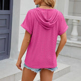 New Solid Color Hooded Button T-shirt Loose Hollow Design Short-sleeved Top For Womens Clothing-3