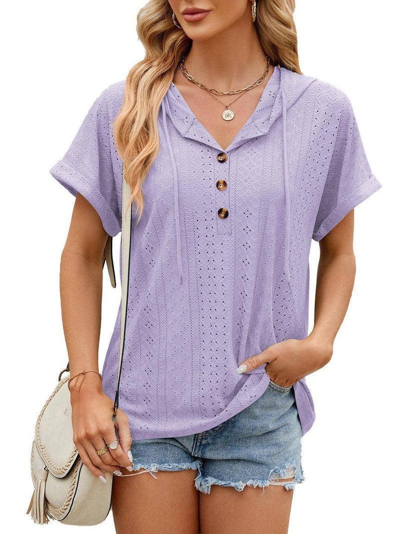 New Solid Color Hooded Button T-shirt Loose Hollow Design Short-sleeved Top For Womens Clothing-Purple-7