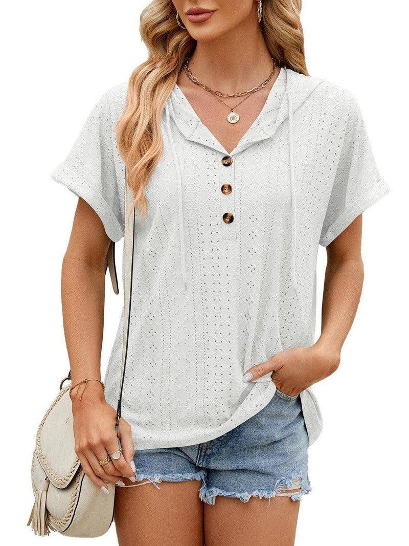 New Solid Color Hooded Button T-shirt Loose Hollow Design Short-sleeved Top For Womens Clothing-White-9