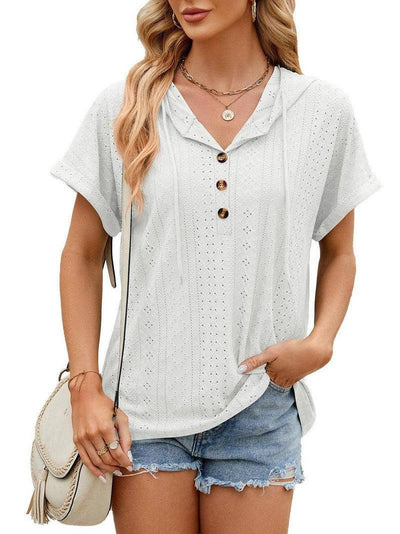 New Solid Color Hooded Button T-shirt Loose Hollow Design Short-sleeved Top For Womens Clothing-White-9