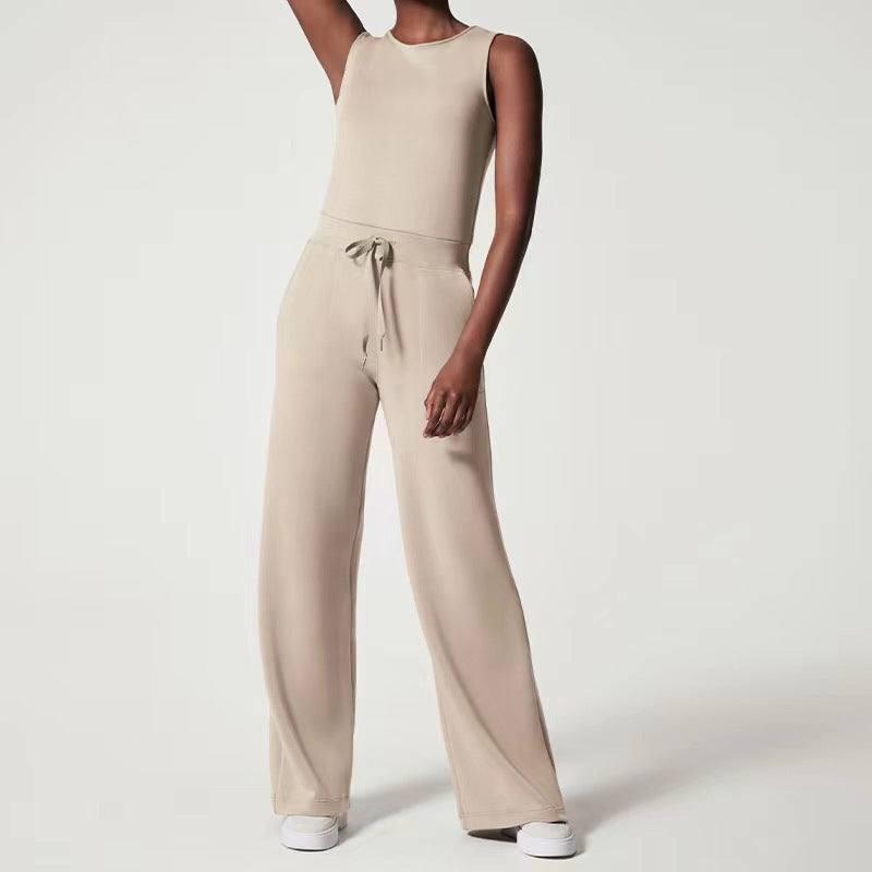 Solid Color Jumpsuit Sleeveless Tops Tie Elastic Pants Romper-Apricot-12