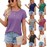 Solid Color Round Neck Button Short Sleeve T-Shirt Summer-10