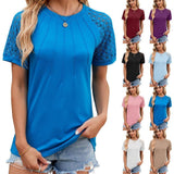 Solid Color Round Neck Top Women's Lace Hollow Design Short-1