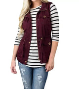 Solid Color Sleeveless Button Vest Jacket-Wine Red-4