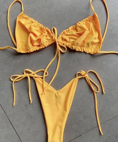 Solid color split bikini swimsuit-Yellow-3