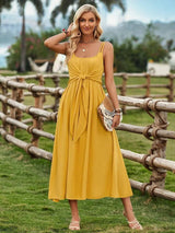 Solid Color Suspender Long Dress Spring And Summer Bow Waist Tie Design Dress Womens Clothing-Yellow-6