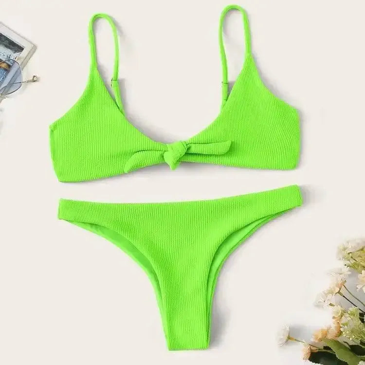 Solid color triangle split bikini-LightGreen-4