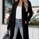 Solid Colour Long Cardigan Pocket Tweed Jacket-Black-1