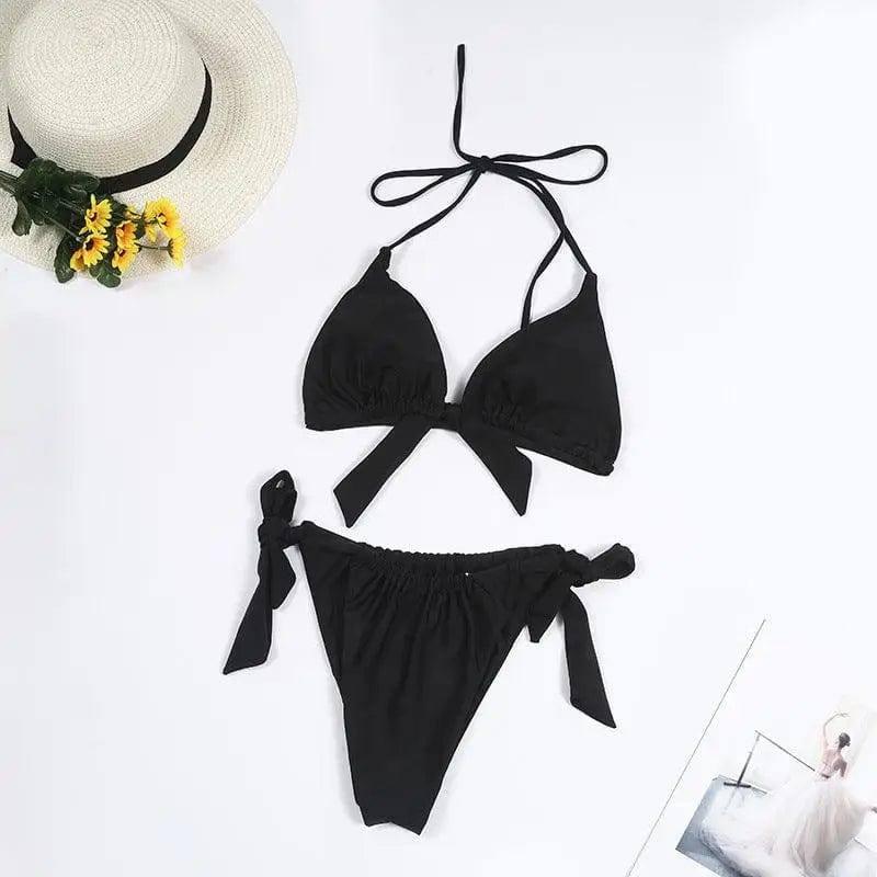 Split Swimsuit Women Multicolor Bikini Halter Neck Tie Big-Black-9