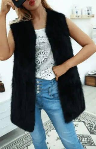 Spot Fashion Long-Haired Waistcoat Imitation Fur Women'S-Black-1