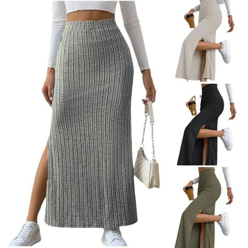 Spring Long Skirt High Waist Side Slit Slim Fit Knitted Women's Dress-1