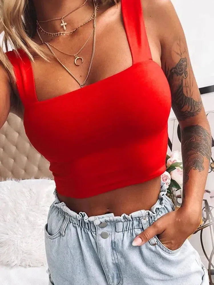 Square Neck Sleeveless Summer Crop Top White Women Black-Red-10