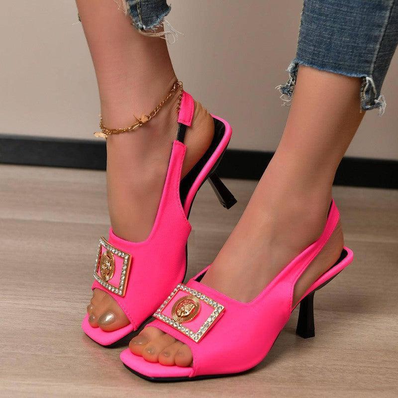 Square Toe High Heel Sandals-Pink-1