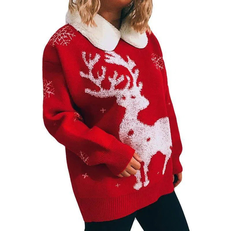 Stitched Lapel Long-sleeved Christmas Themed Sweater-3