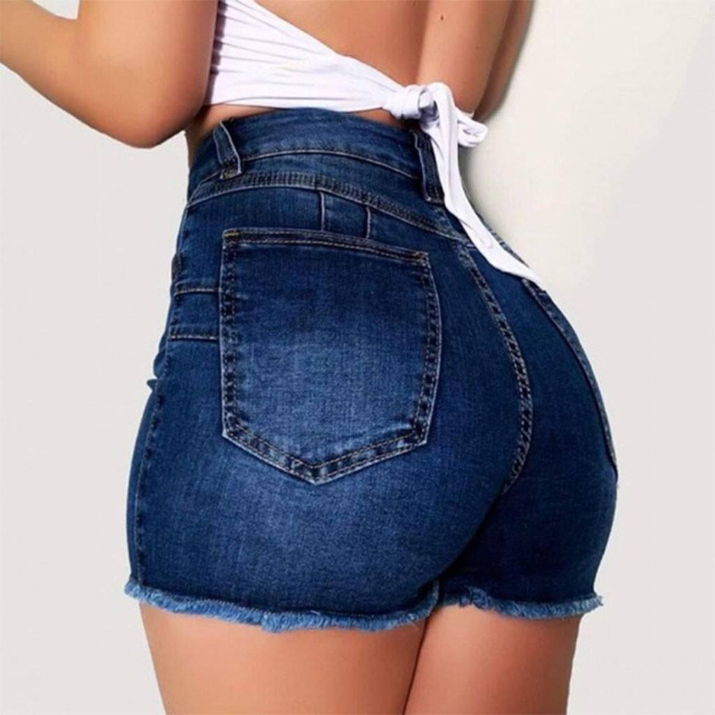 Stretch Slim Fit Ripped Tassel Denim Shorts For Women-Dark Blue-1