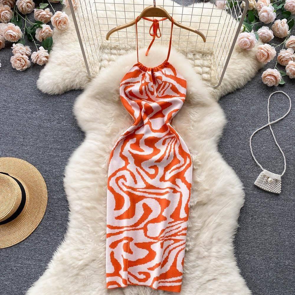 Sultry Backless Knitted Bodycon Dress for Vacation Season-orange-1