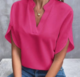 Summer New V-neck Shirt Women's Pure Color Casual Versatile-Rose Red-11