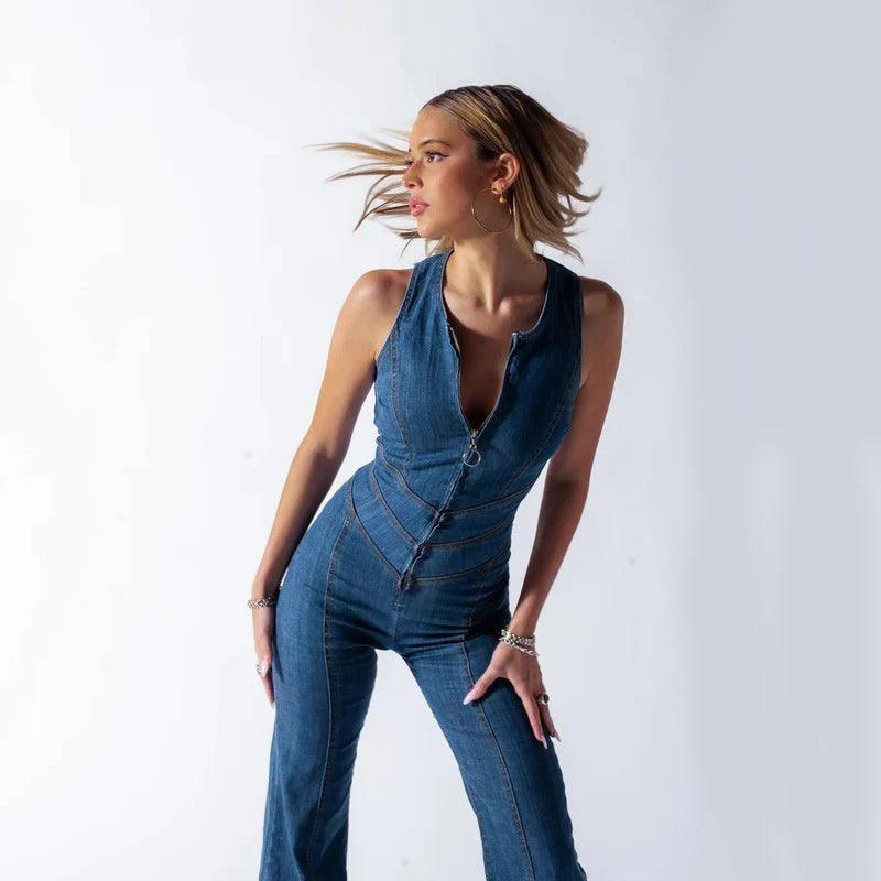 Summer Slim Heart-shape Backless Denim Jumpsuit Women Halter-2