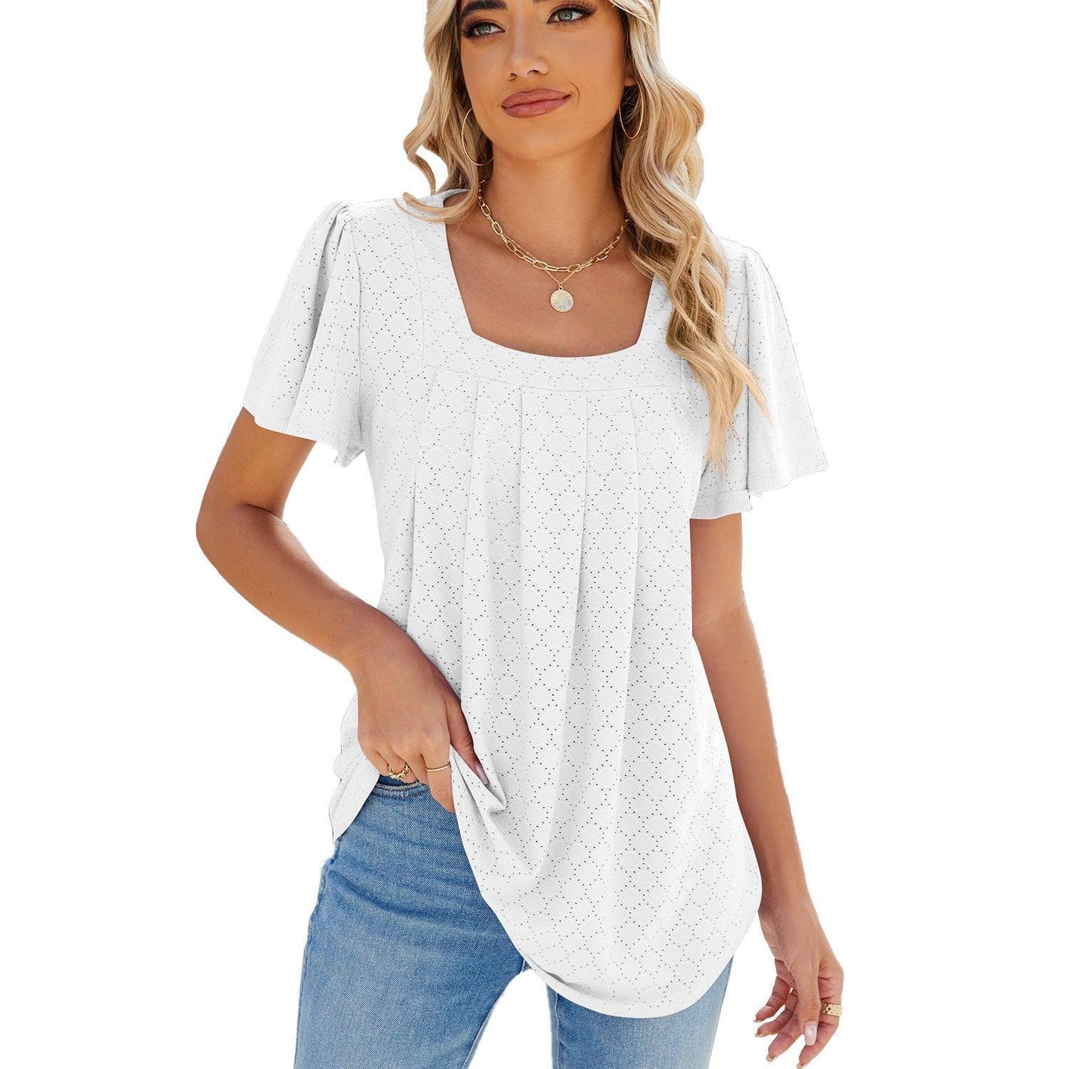 Summer Square Neck Pleated Short-sleeved T-shirt Loose Solid-White-2