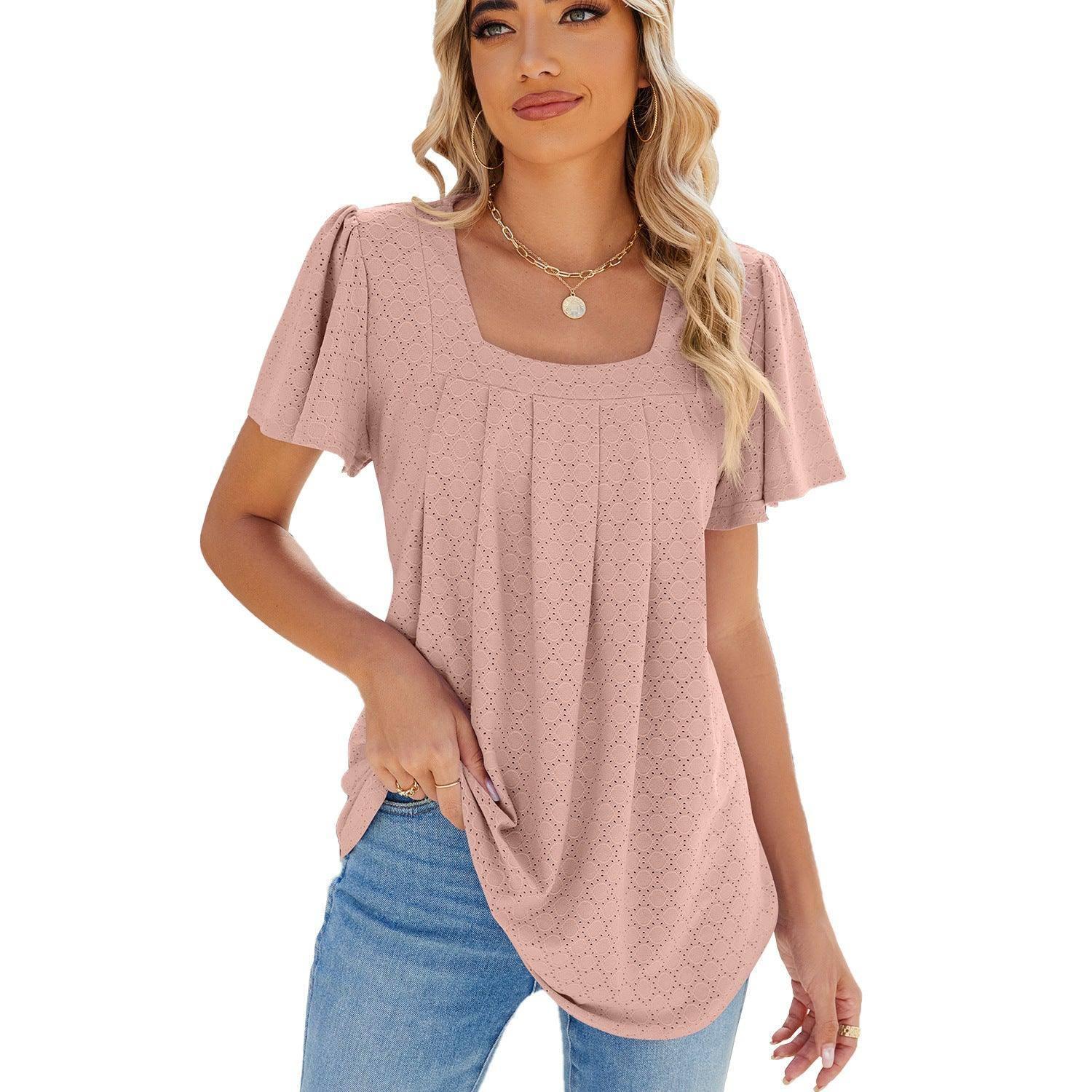 Summer Square Neck Pleated Short-sleeved T-shirt Loose Solid-Leather Pink-6