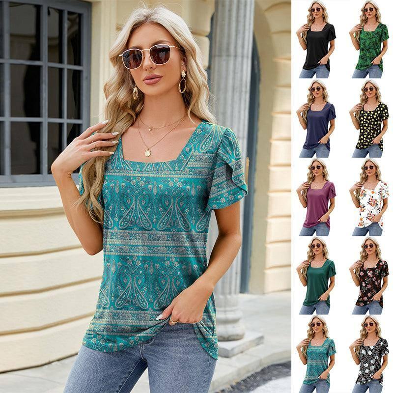 Summer Top Fashion Square Neck Printed Short-sleeved T-shirt-1