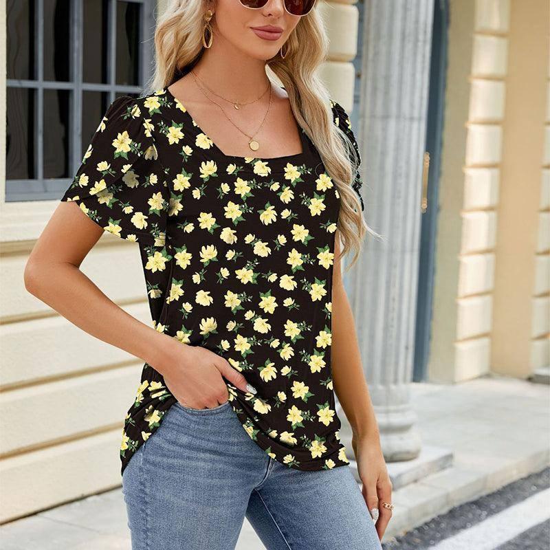 Summer Top Fashion Square Neck Printed Short-sleeved T-shirt-3