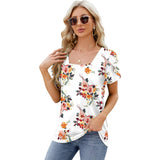 Summer Top Fashion Square Neck Printed Short-sleeved T-shirt-White Flower-7