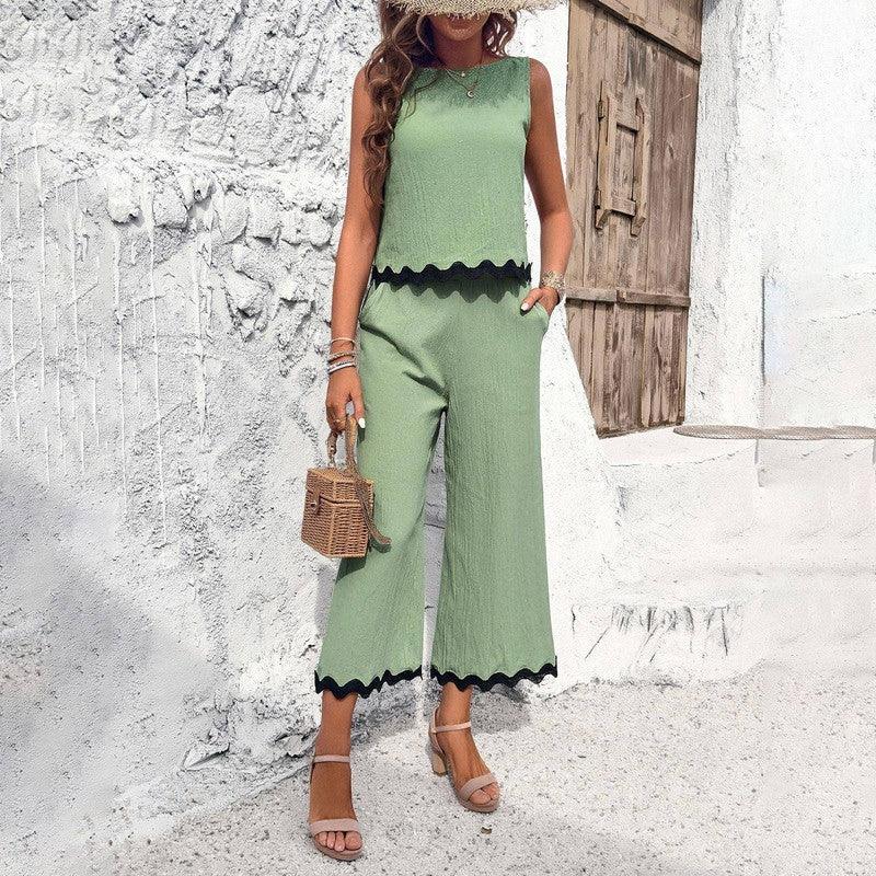 Summer Wave Print Suit Sleeveless Top And Straight Trousers-Green-4