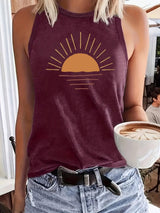 Sunrise Printed Round Neck Vest Spring And Summer Casual-Dark Red-6