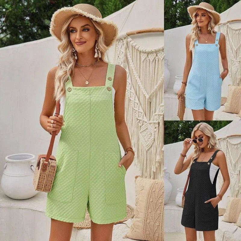 Sweet Waffle Jumpsuit Girls Summer Sleeveless Button Design Straight Solid Color Overalls Fashion Womens Clothing-1