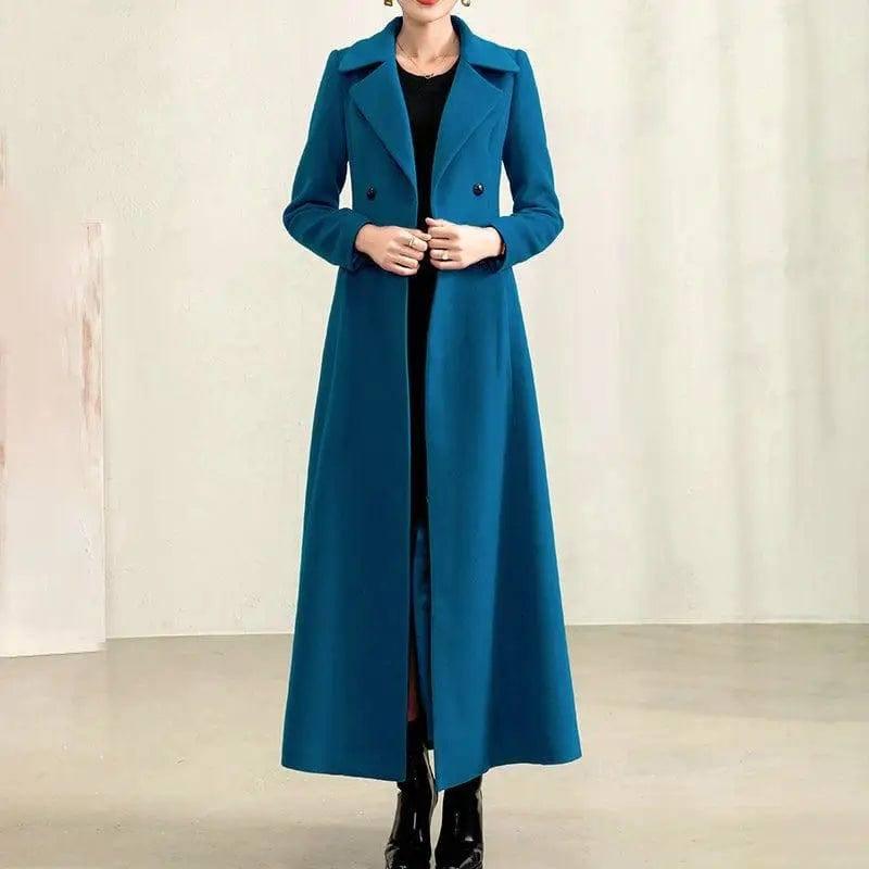 Temperament Double Breasted Solid Woolen Collar Woolen Coat-9