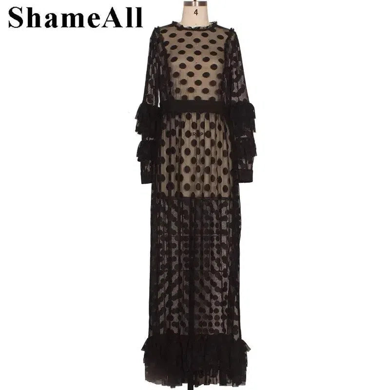 Plus Size Night Club Dress 4XL Women Long Sleeve Dresses Elastic High Waist Black White Lace Dress-5