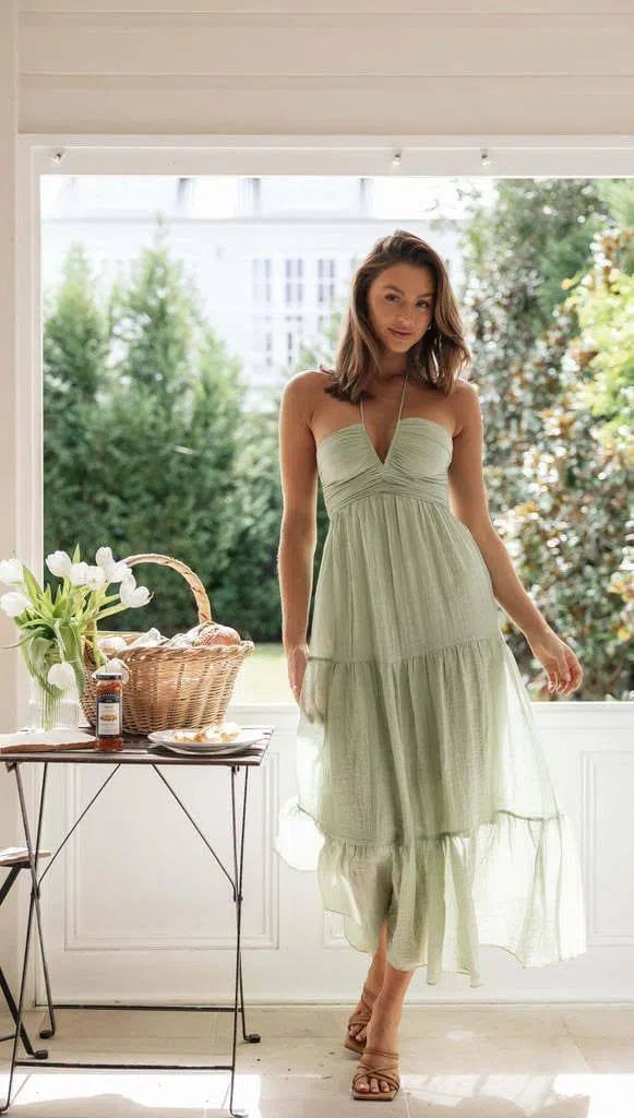 V-neck Brace Long Stitching Dress Elegant Shoulder-baring-Green-6