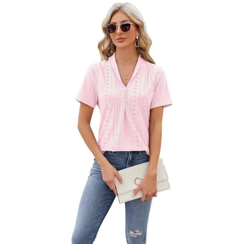 V-neck Hollow Design T-shirt Summer Loose Short-sleeved Top For Womens Clothing-Light Pink-4