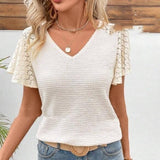 V-neck Lace Temperament Commuter Loose Casual Knitted Short-Milky White-1