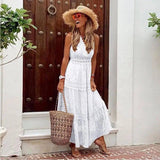 V-neck Lace-trimmed Multicolor Dress Long Skirt-White-2