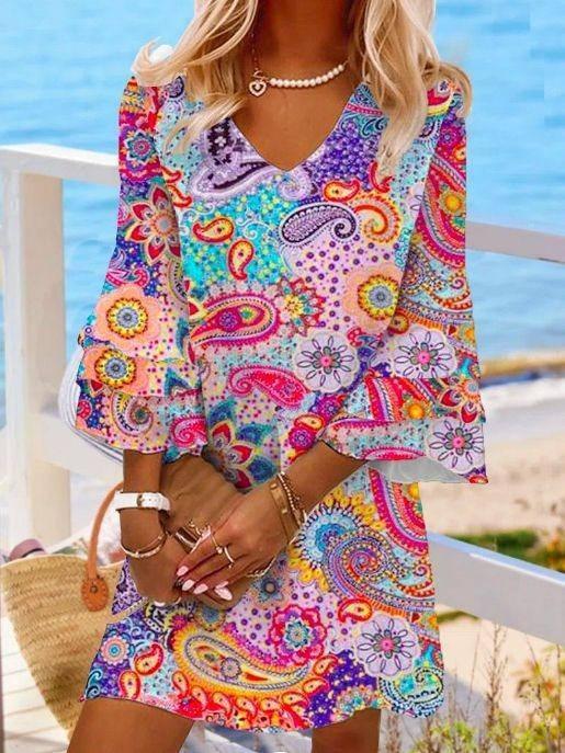 V-neck loose fitting short skirt printed beach vacation-8