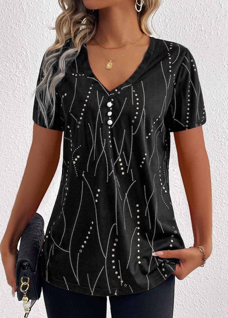 New V-neck Printed Button T-shirt Summer Fashion Leisure Short-sleeved Top Womens Clothing-Black-2