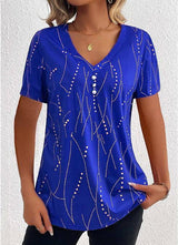 V-neck Printed Button T-shirt Summer Fashion Leisure-Blue-4