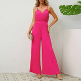 V-neck Suspender Pleated Jumpsuit Solid Color Loose Straight-Rose Red-6