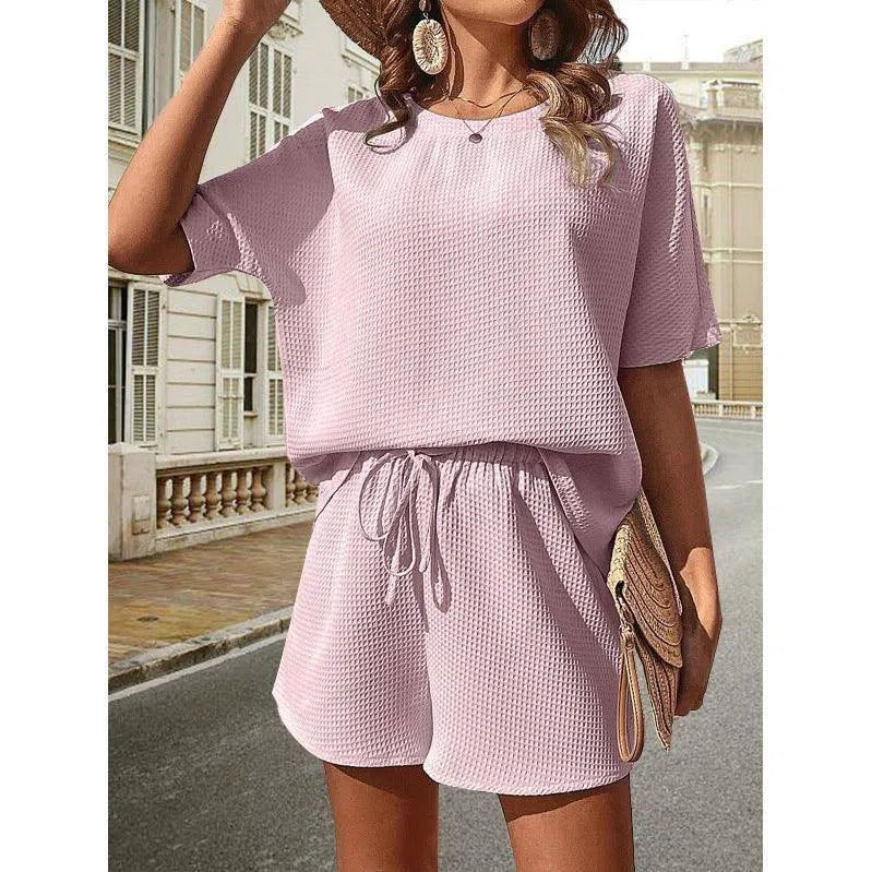 New Waffle Suit Women's Bat Sleeve Short-sleeved Crew-neck Top And Drawstring Design Shorts Fashion Two-piece Set Summer Clothing-Pink-6