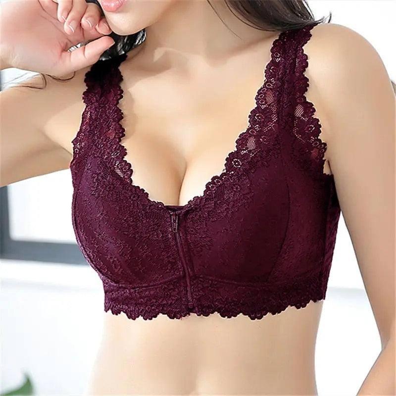 Women Bra Front Closure Solid Upgrade Lace Cute Comfort Sexy-Purple-8