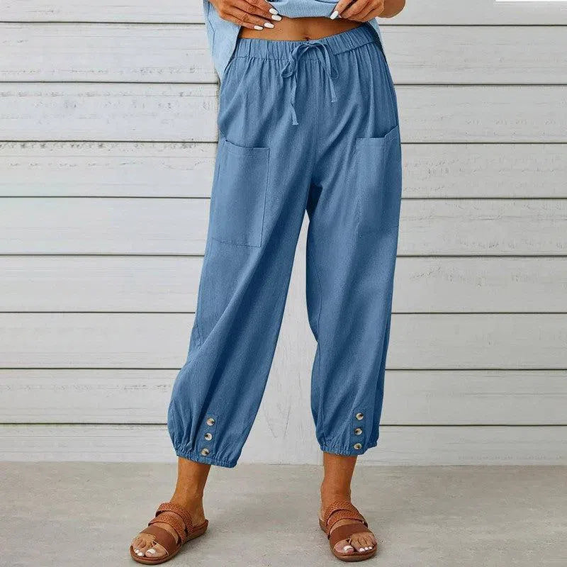 Women Drawstring Tie Pants Spring Summer Cotton And Linen Trousers With Pockets Button-Denim Blue-8