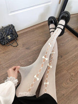 Women Fashion Fishnet Red Stockings With Bow-Beige-3