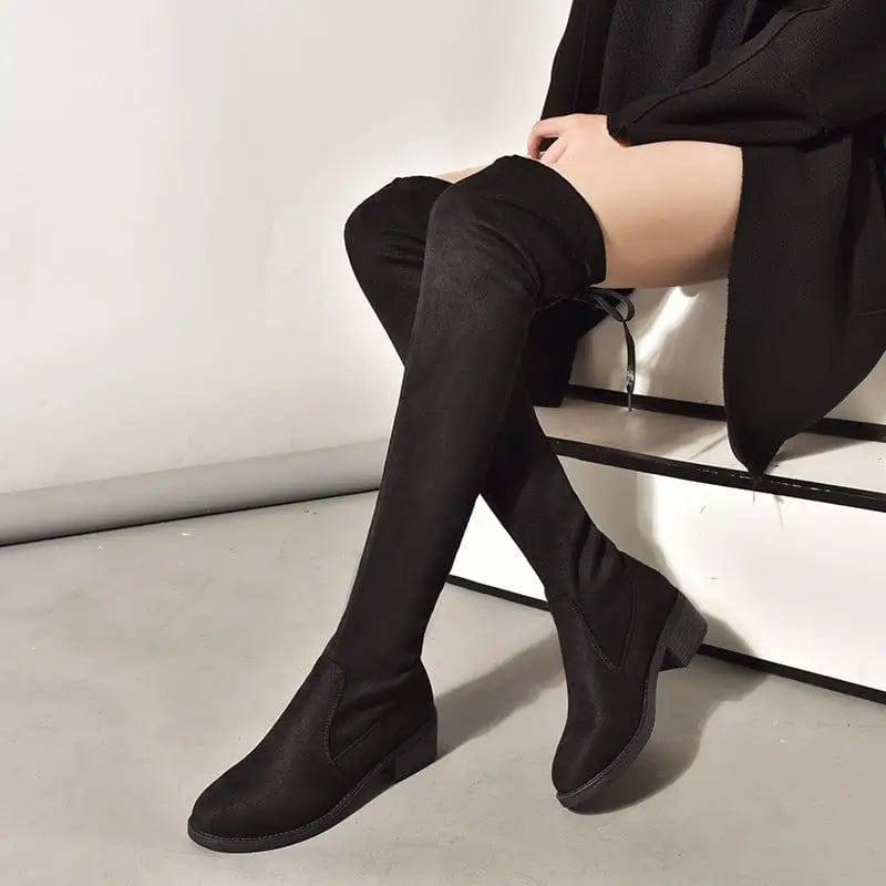 Women Fleece Flat Elastic Over Knee Slim Boots-2