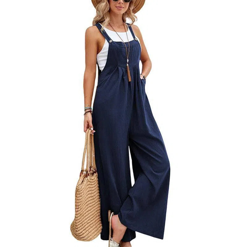 Women Long Bib Pants Overalls Casual Loose Rompers Jumpsuits With Pockets-Dark blue-7