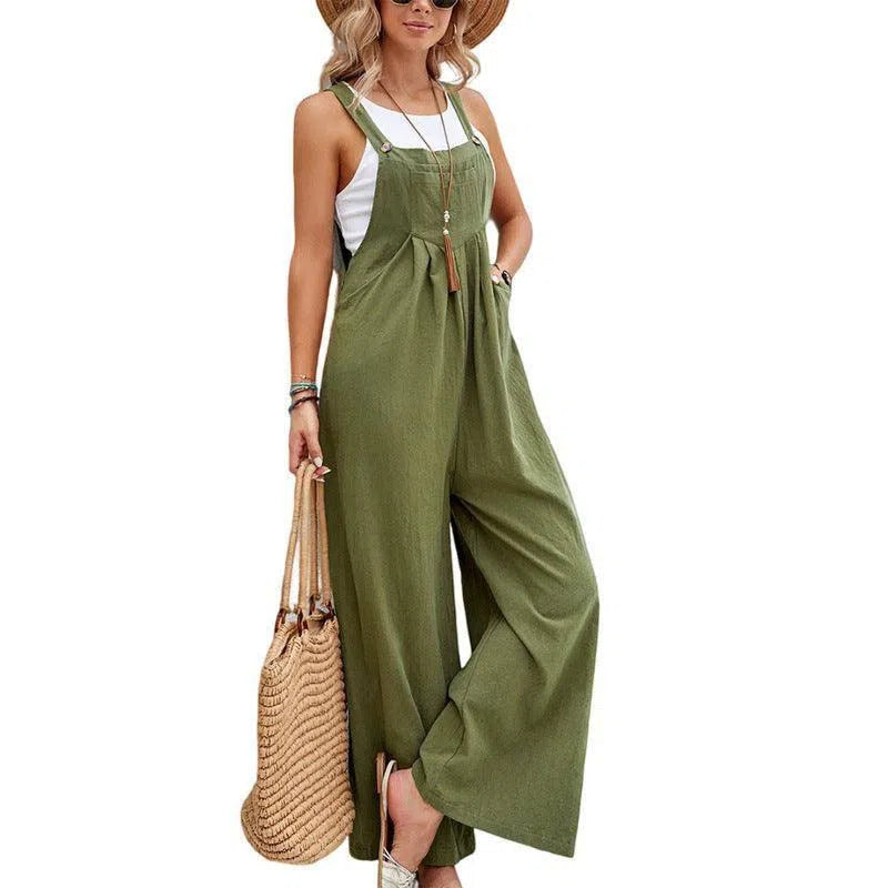 Women Long Bib Pants Overalls Casual Loose Rompers Jumpsuits With Pockets-Army green-9